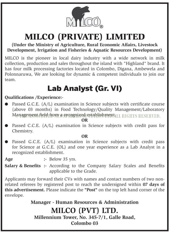 Lab Analyst - Milco (Private) Limited